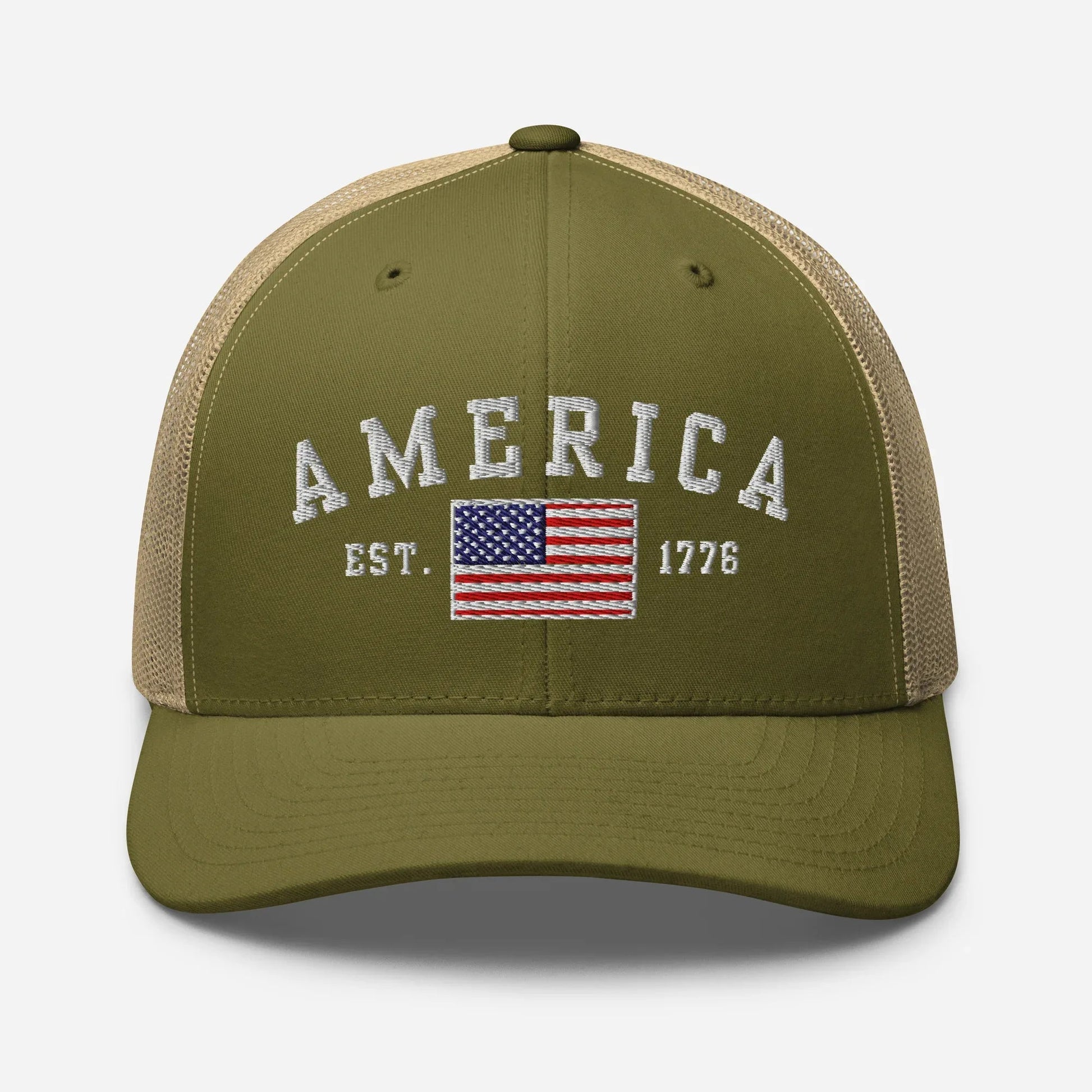 America Est. 1776 Trucker Hat – White Embroidery, Patriotic Cap for Proud Americans, Perfect Gift for Freedom Lovers - SKULLFURY MERCH