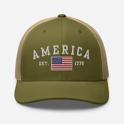 America Est. 1776 Trucker Hat – White Embroidery, Patriotic Cap for Proud Americans, Perfect Gift for Freedom Lovers - SKULLFURY MERCH
