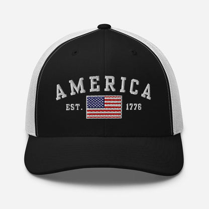 America Est. 1776 Trucker Hat – White Embroidery, Patriotic Cap for Proud Americans, Perfect Gift for Freedom Lovers - SKULLFURY MERCH
