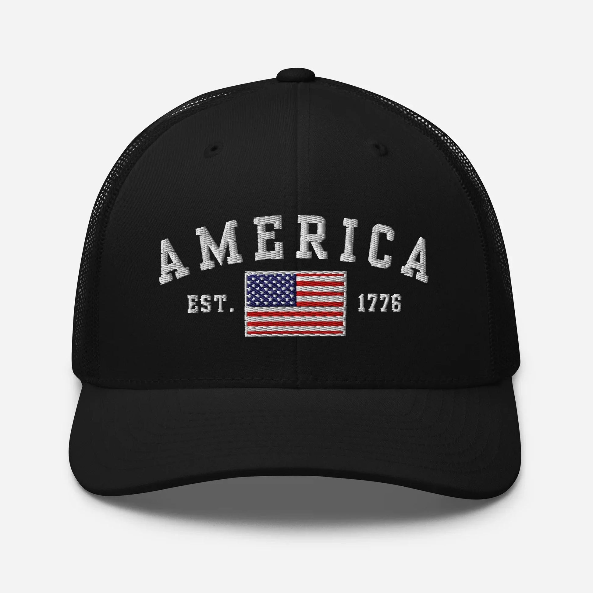 America Est. 1776 Trucker Hat – White Embroidery, Patriotic Cap for Proud Americans, Perfect Gift for Freedom Lovers - SKULLFURY MERCH