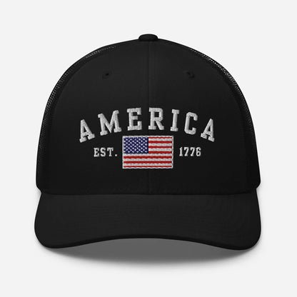 America Est. 1776 Trucker Hat – White Embroidery, Patriotic Cap for Proud Americans, Perfect Gift for Freedom Lovers - SKULLFURY MERCH