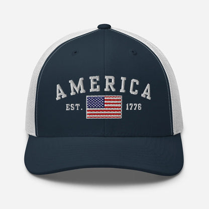 America Est. 1776 Trucker Hat – White Embroidery, Patriotic Cap for Proud Americans, Perfect Gift for Freedom Lovers - SKULLFURY MERCH
