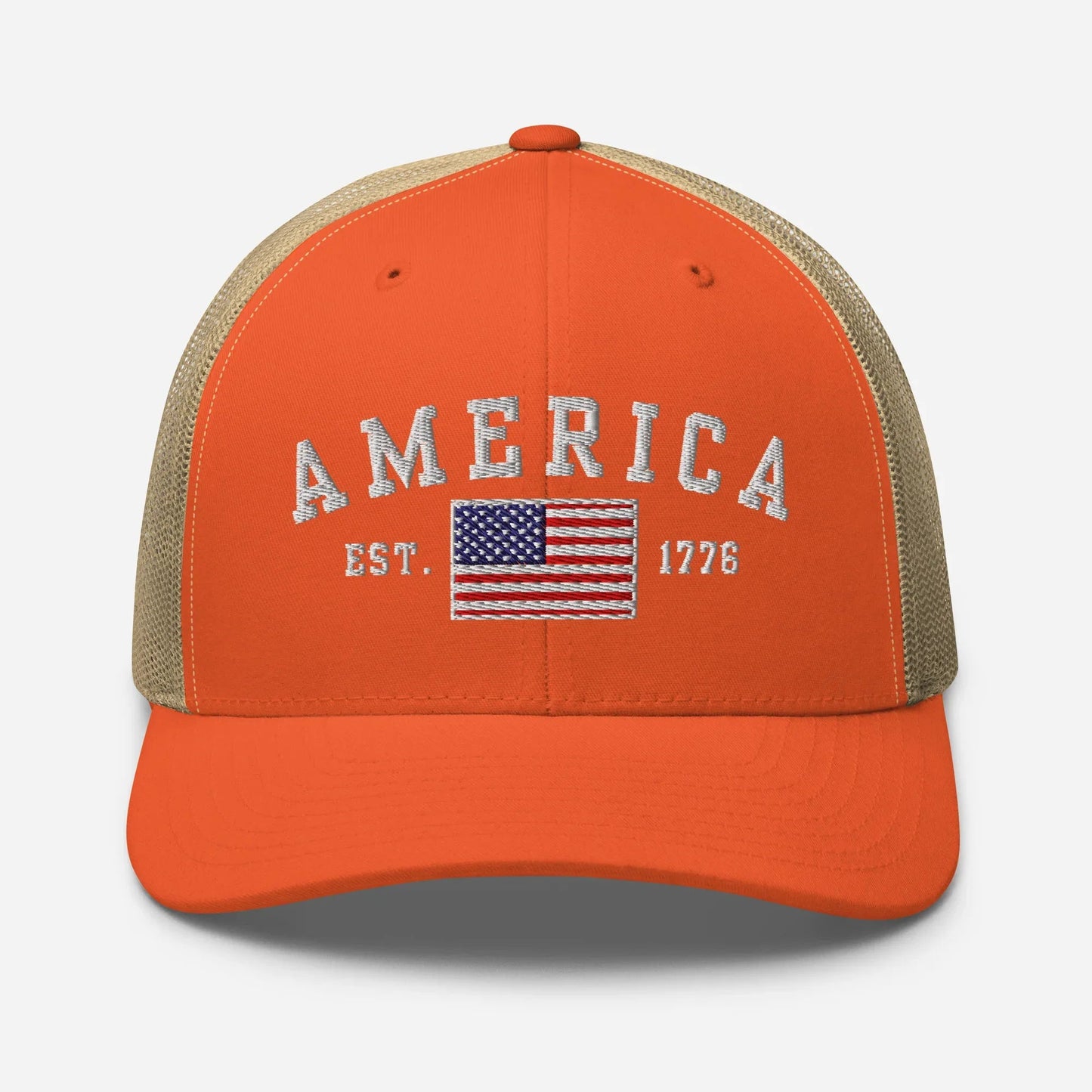 America Est. 1776 Trucker Hat – White Embroidery, Patriotic Cap for Proud Americans, Perfect Gift for Freedom Lovers - SKULLFURY MERCH