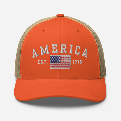America Est. 1776 Trucker Hat – White Embroidery, Patriotic Cap for Proud Americans, Perfect Gift for Freedom Lovers - SKULLFURY MERCH