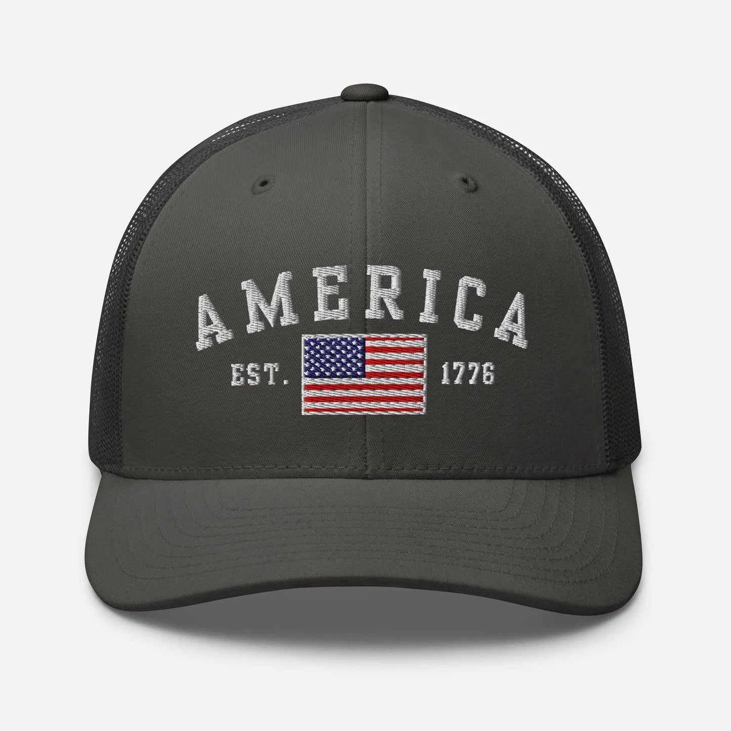 America Est. 1776 Trucker Hat – White Embroidery, Patriotic Cap for Proud Americans, Perfect Gift for Freedom Lovers - SKULLFURY MERCH