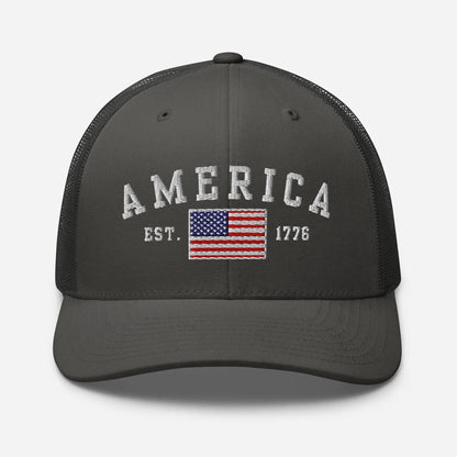 America Est. 1776 Trucker Hat – White Embroidery, Patriotic Cap for Proud Americans, Perfect Gift for Freedom Lovers - SKULLFURY MERCH