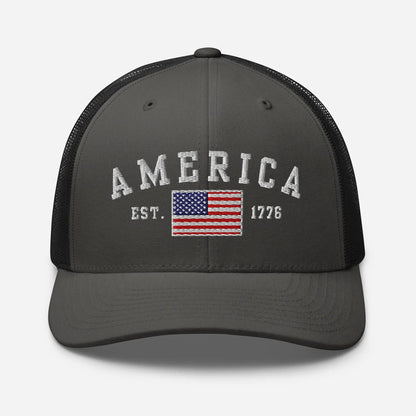 America Est. 1776 Trucker Hat – White Embroidery, Patriotic Cap for Proud Americans, Perfect Gift for Freedom Lovers - SKULLFURY MERCH