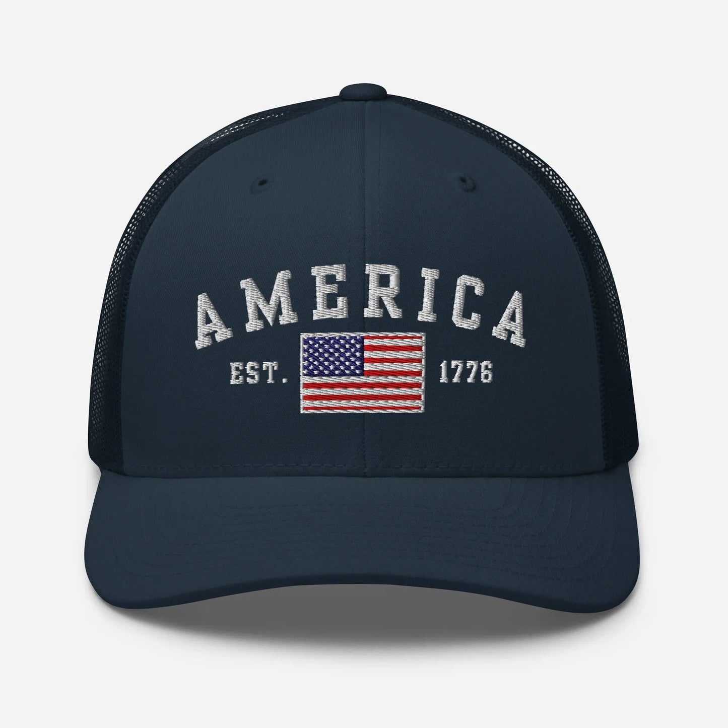 America Est. 1776 Trucker Hat – White Embroidery, Patriotic Cap for Proud Americans, Perfect Gift for Freedom Lovers - SKULLFURY MERCH