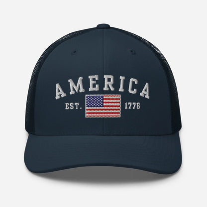 America Est. 1776 Trucker Hat – White Embroidery, Patriotic Cap for Proud Americans, Perfect Gift for Freedom Lovers - SKULLFURY MERCH