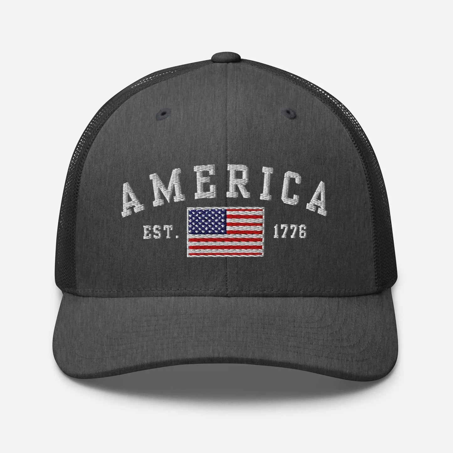 America Est. 1776 Trucker Hat – White Embroidery, Patriotic Cap for Proud Americans, Perfect Gift for Freedom Lovers - SKULLFURY MERCH