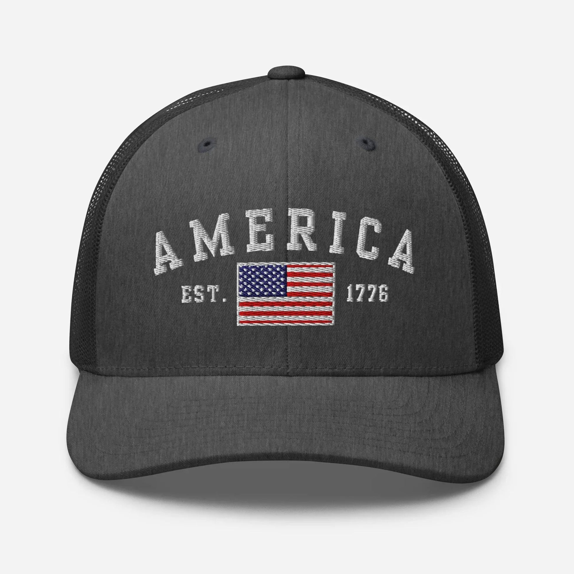 America Est. 1776 Trucker Hat – White Embroidery, Patriotic Cap for Proud Americans, Perfect Gift for Freedom Lovers - SKULLFURY MERCH