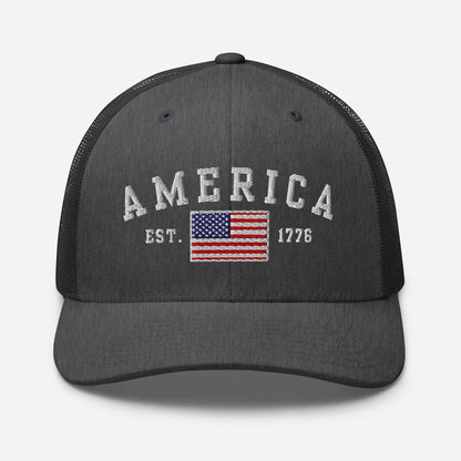 America Est. 1776 Trucker Hat – White Embroidery, Patriotic Cap for Proud Americans, Perfect Gift for Freedom Lovers - SKULLFURY MERCH