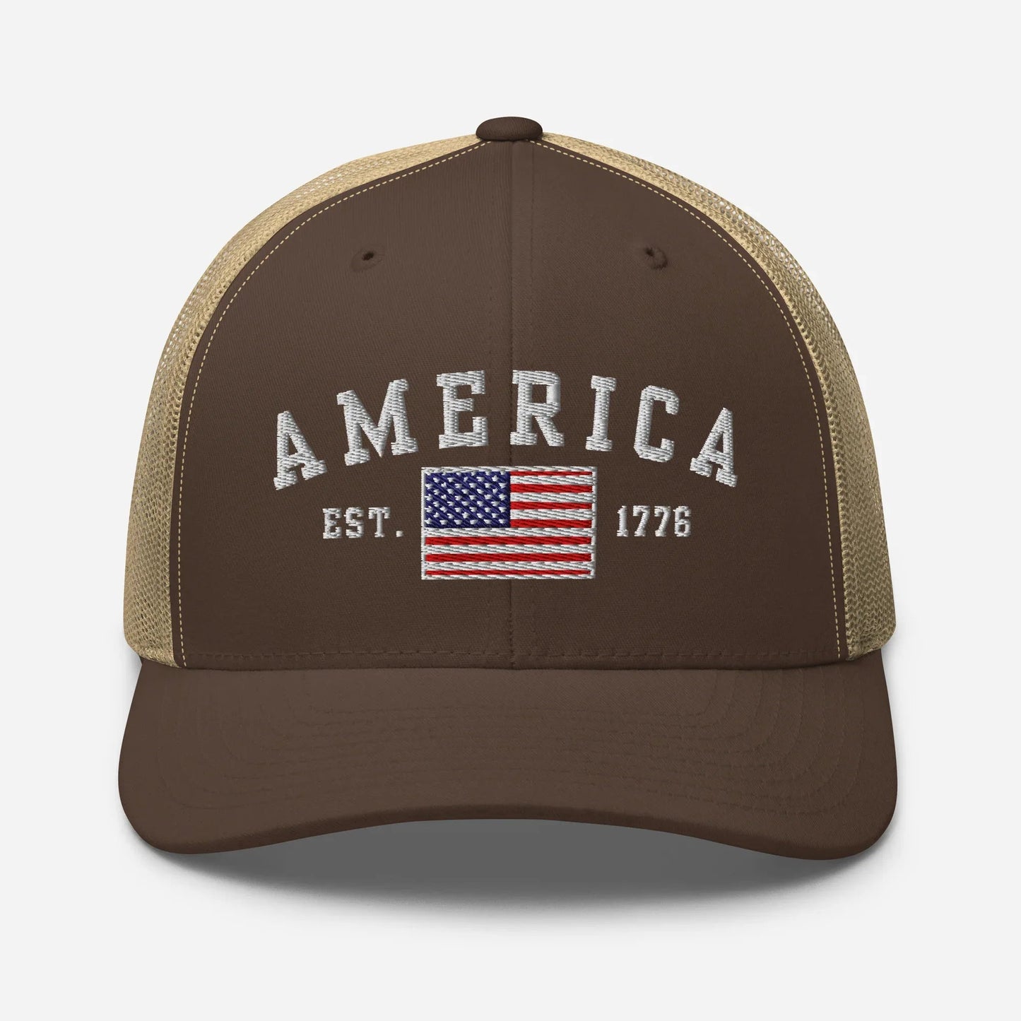America Est. 1776 Trucker Hat – White Embroidery, Patriotic Cap for Proud Americans, Perfect Gift for Freedom Lovers - SKULLFURY MERCH