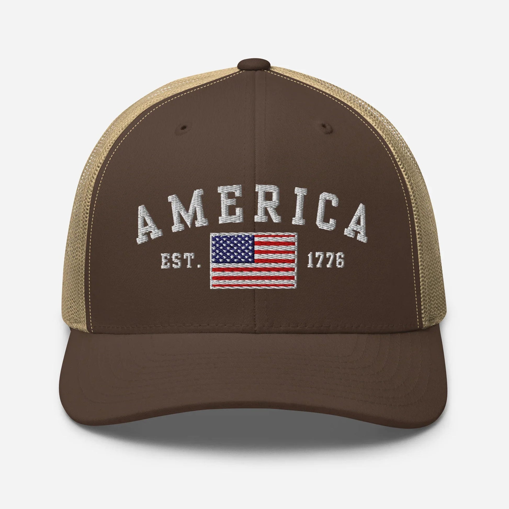 America Est. 1776 Trucker Hat – White Embroidery, Patriotic Cap for Proud Americans, Perfect Gift for Freedom Lovers - SKULLFURY MERCH