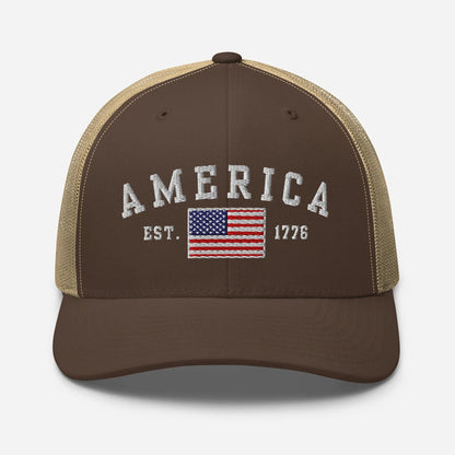 America Est. 1776 Trucker Hat – White Embroidery, Patriotic Cap for Proud Americans, Perfect Gift for Freedom Lovers - SKULLFURY MERCH