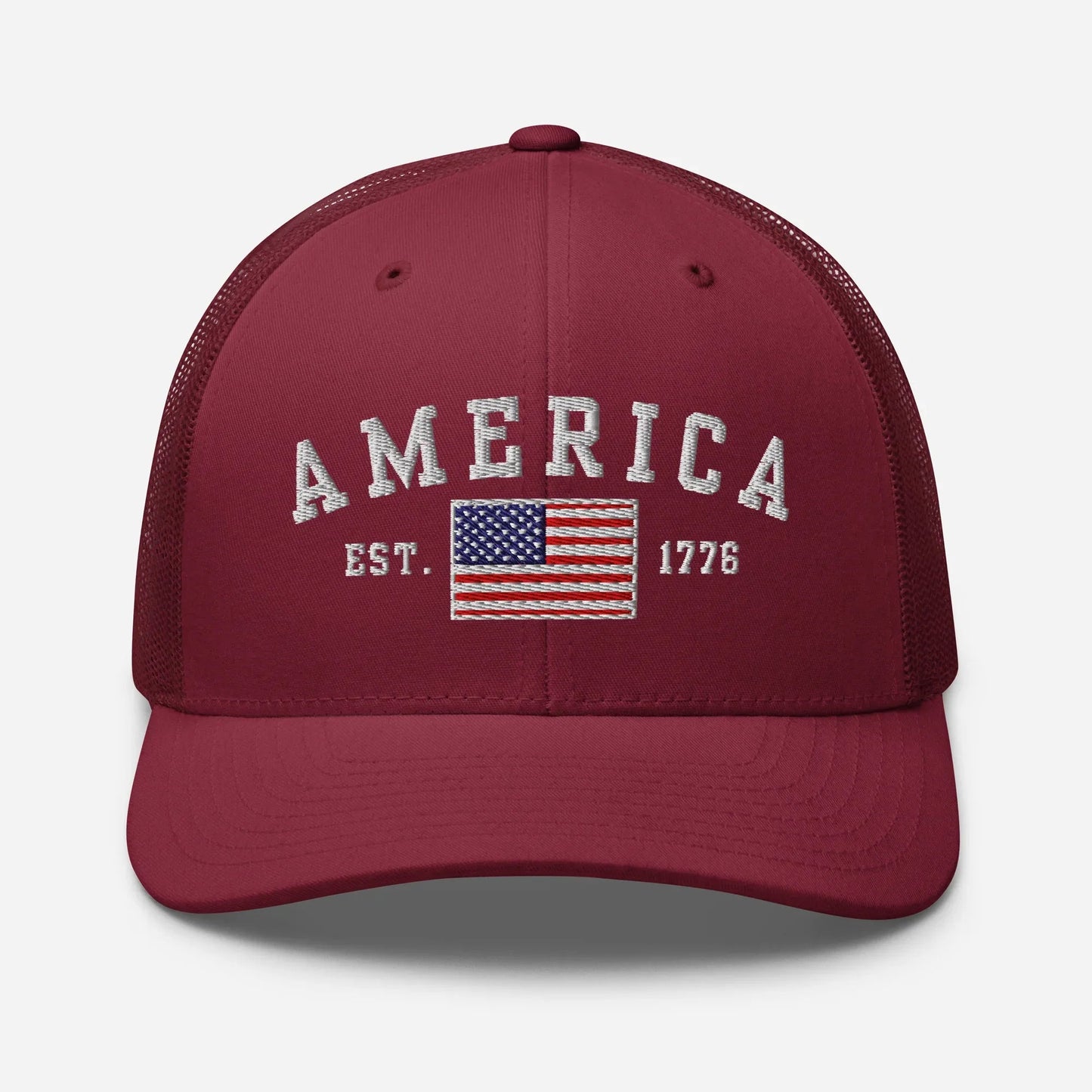 America Est. 1776 Trucker Hat – White Embroidery, Patriotic Cap for Proud Americans, Perfect Gift for Freedom Lovers - SKULLFURY MERCH
