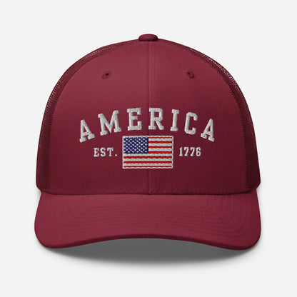 America Est. 1776 Trucker Hat – White Embroidery, Patriotic Cap for Proud Americans, Perfect Gift for Freedom Lovers - SKULLFURY MERCH