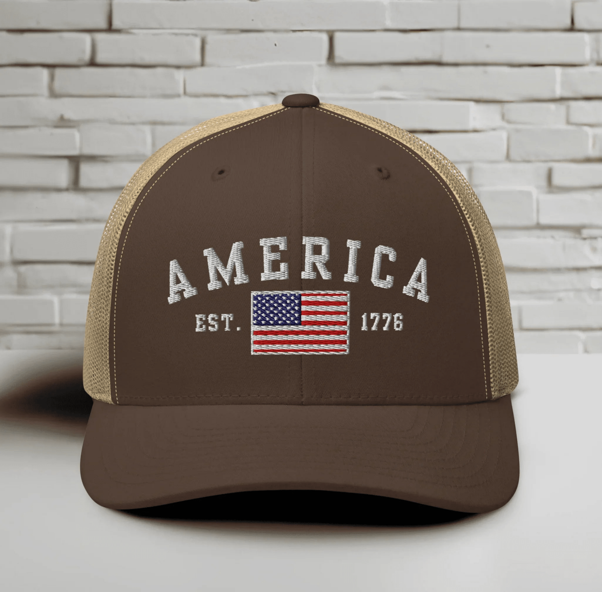 America Est. 1776 Trucker Hat – White Embroidery, Patriotic Cap for Proud Americans, Perfect Gift for Freedom Lovers - SKULLFURY MERCH