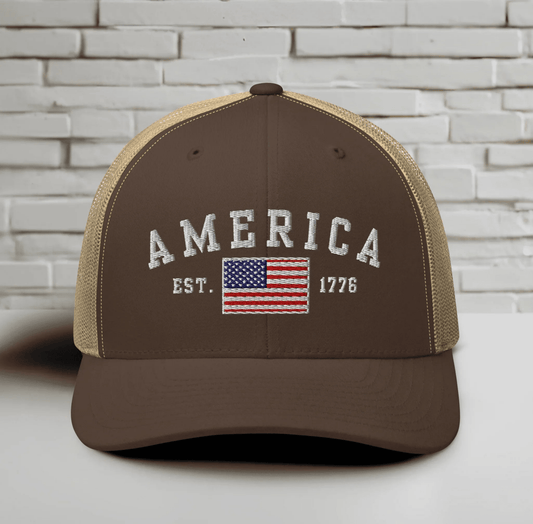 America Est. 1776 Trucker Hat – White Embroidery, Patriotic Cap for Proud Americans, Perfect Gift for Freedom Lovers - SKULLFURY MERCH