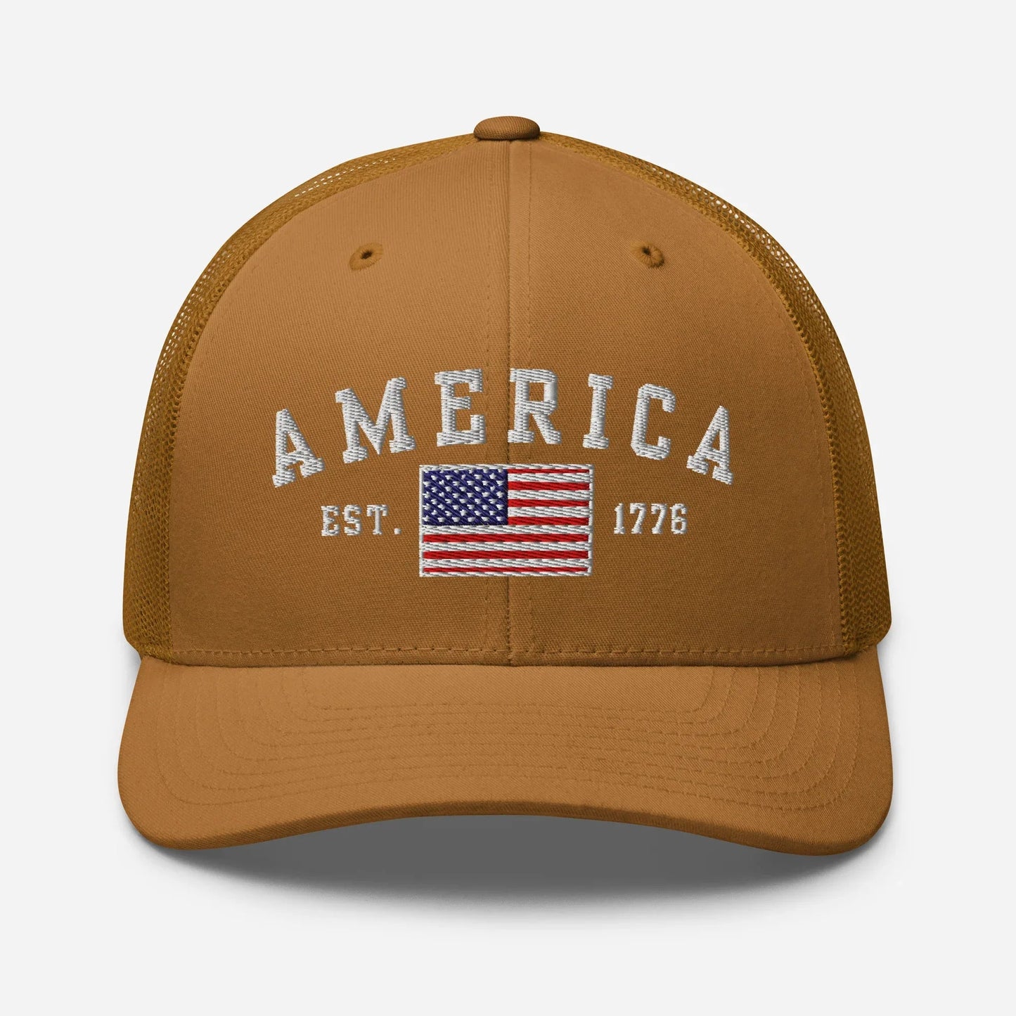 America Est. 1776 Trucker Hat – White Embroidery, Patriotic Cap for Proud Americans, Perfect Gift for Freedom Lovers - SKULLFURY MERCH