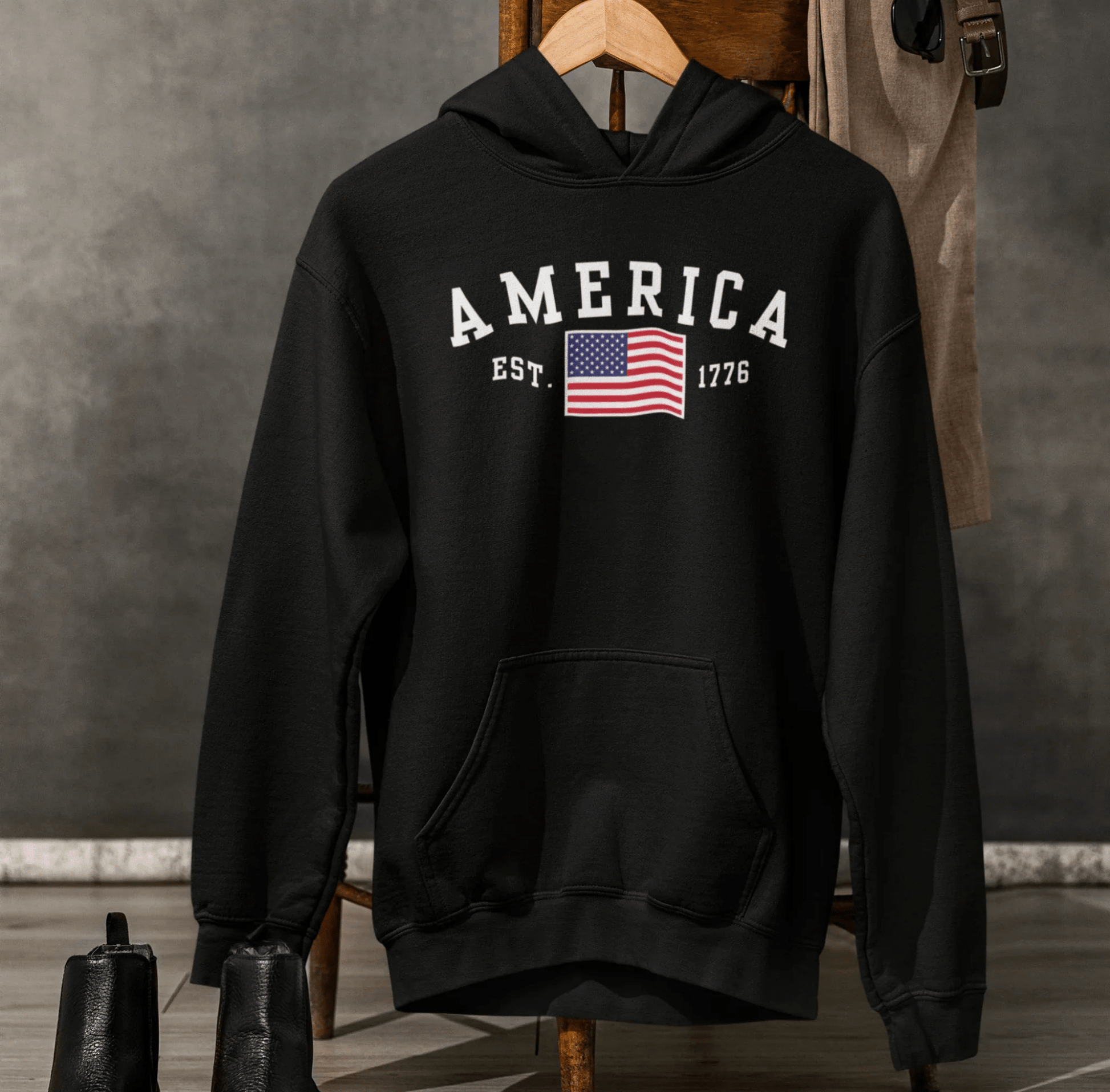 America Est 1776 Unisex Hoodie, Patriotic Sweatshirt, USA Pride Hooded Sweatshirt, Independence Day Gift, American Pride - SKULLFURY MERCH
