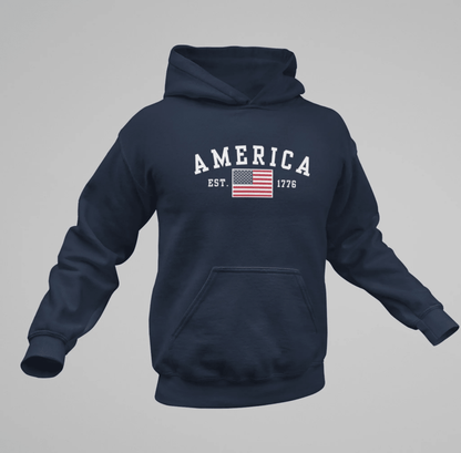 America Est 1776 Unisex Hoodie, Patriotic Sweatshirt, USA Pride Hooded Sweatshirt, Independence Day Gift, American Pride - SKULLFURY MERCH