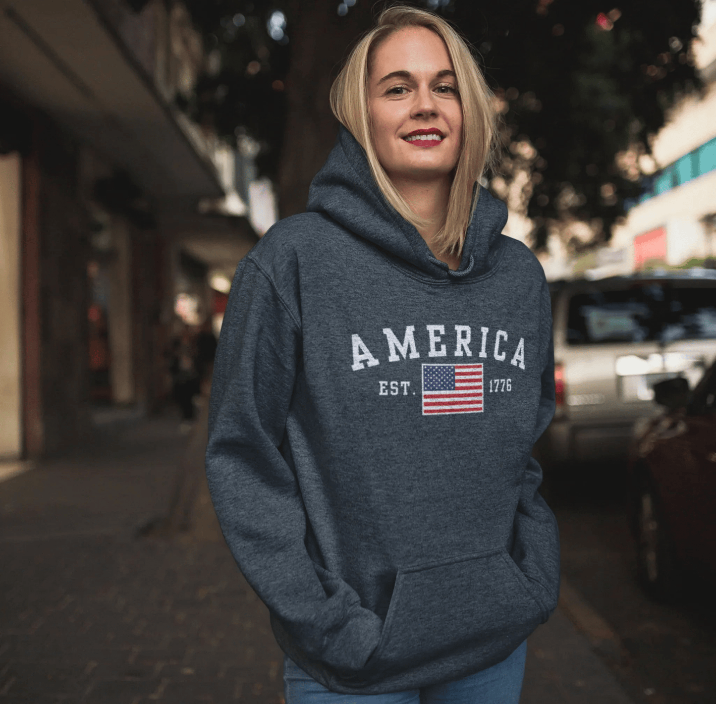 America Est 1776 Unisex Hoodie, Patriotic Sweatshirt, USA Pride Hooded Sweatshirt, Independence Day Gift, American Pride - SKULLFURY MERCH
