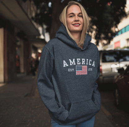 America Est 1776 Unisex Hoodie, Patriotic Sweatshirt, USA Pride Hooded Sweatshirt, Independence Day Gift, American Pride - SKULLFURY MERCH