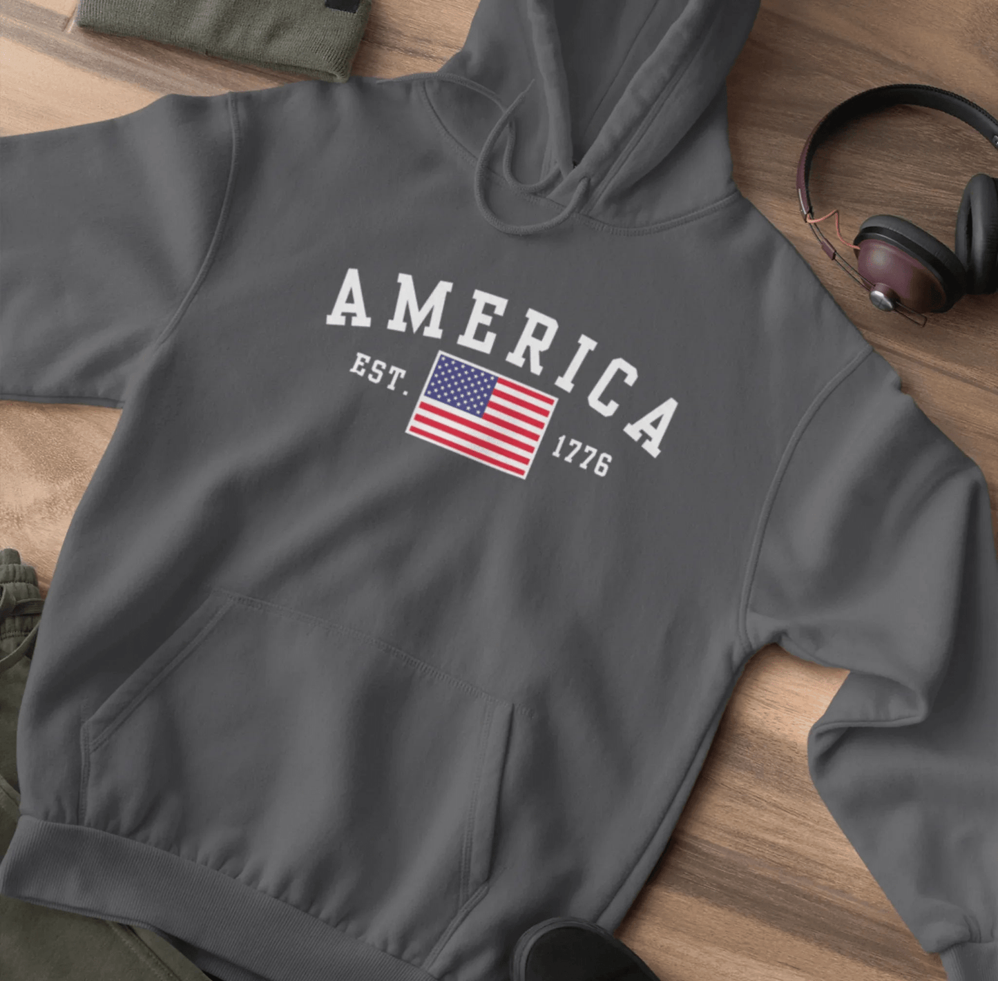 America Est 1776 Unisex Hoodie, Patriotic Sweatshirt, USA Pride Hooded Sweatshirt, Independence Day Gift, American Pride - SKULLFURY MERCH