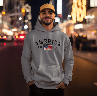America Est 1776 Unisex Hoodie, Patriotic Sweatshirt, USA Pride Hooded Sweatshirt, Independence Day Gift, American Pride - SKULLFURY MERCH