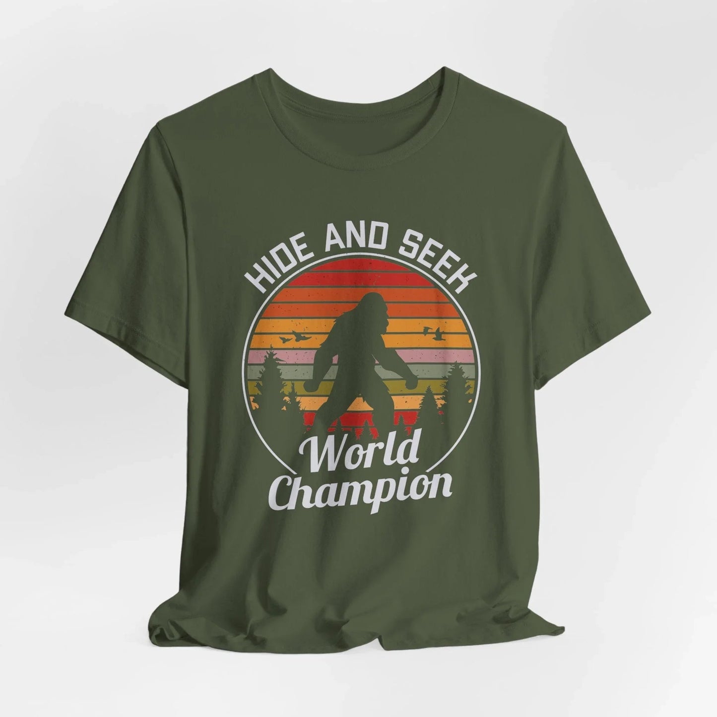 Bigfoot Hide and Seek Champion Tee, Unisex T-Shirt, Fun Gift for Kids & Adults, Retro Humor Shirt, Nature Lover Apparel, Perfect for Parties - SKULLFURY MERCH