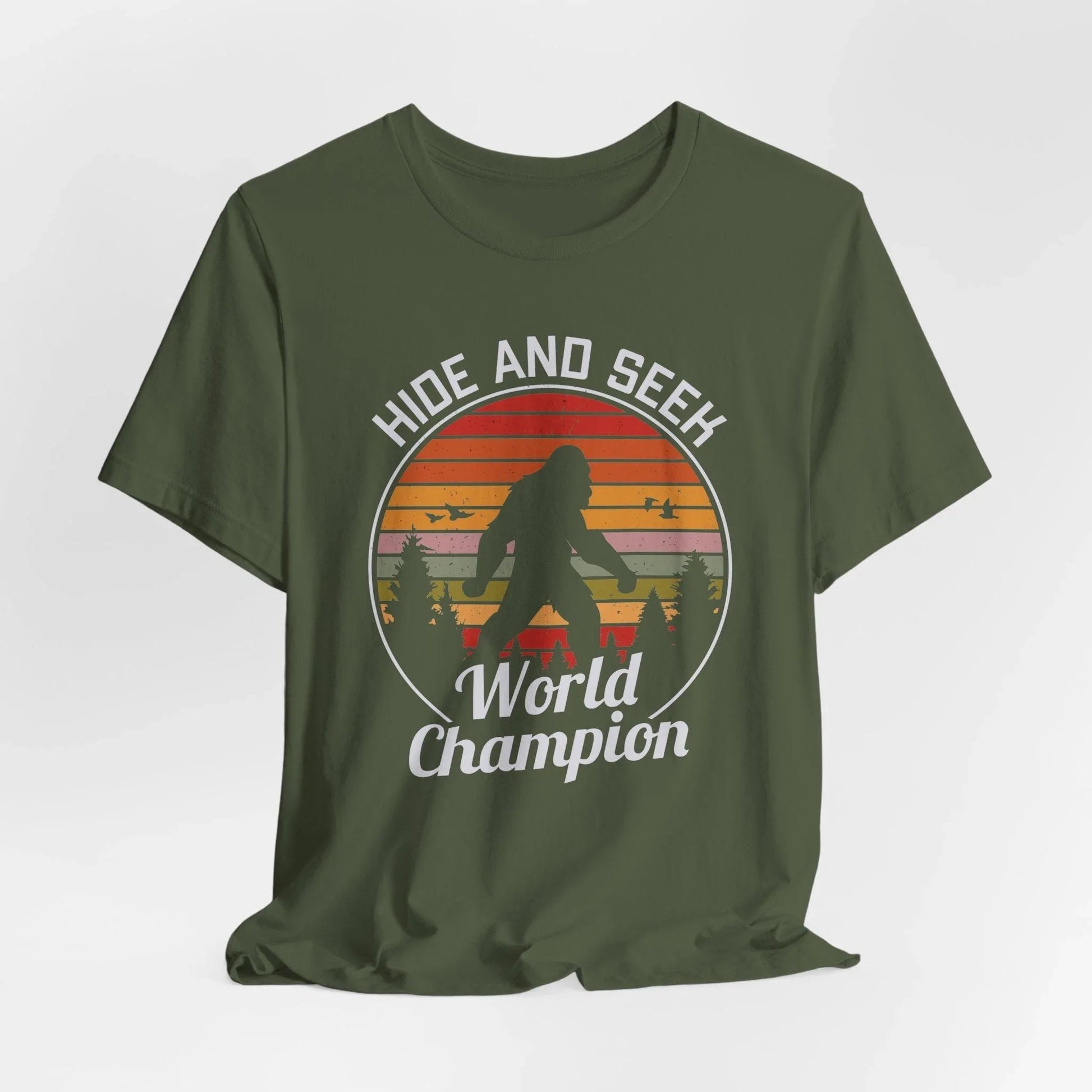 Bigfoot Hide and Seek Champion Tee, Unisex T-Shirt, Fun Gift for Kids & Adults, Retro Humor Shirt, Nature Lover Apparel, Perfect for Parties - SKULLFURY MERCH