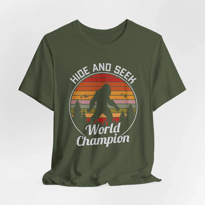 Bigfoot Hide and Seek Champion Tee, Unisex T-Shirt, Fun Gift for Kids & Adults, Retro Humor Shirt, Nature Lover Apparel, Perfect for Parties - SKULLFURY MERCH