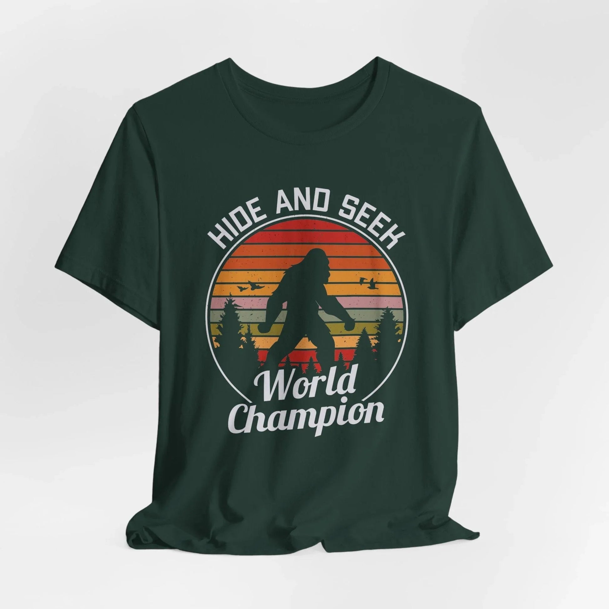 Bigfoot Hide and Seek Champion Tee, Unisex T-Shirt, Fun Gift for Kids & Adults, Retro Humor Shirt, Nature Lover Apparel, Perfect for Parties - SKULLFURY MERCH