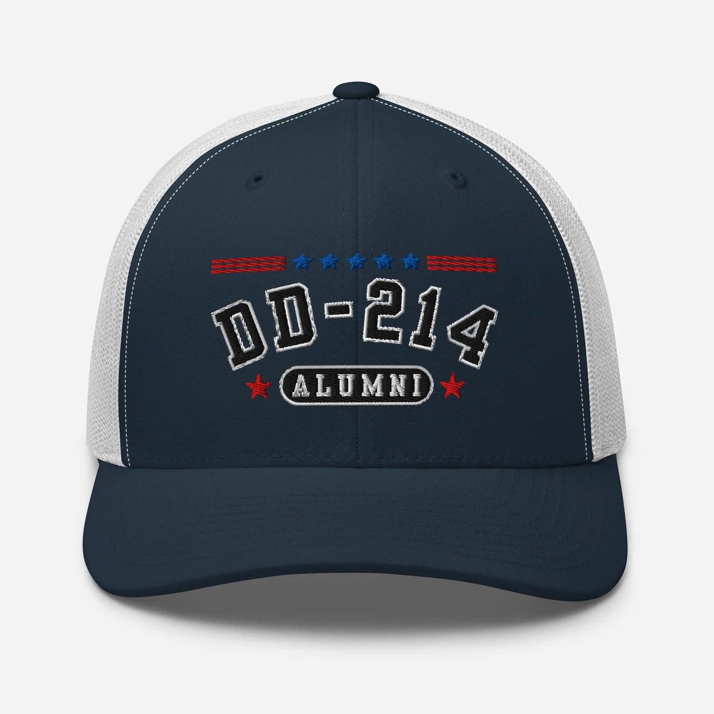 DD - 214 Alumni Snapback Trucker Cap - Black Embroidery, Celebrate Your Military Journey! - SKULLFURY MERCH