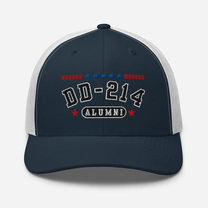 DD - 214 Alumni Snapback Trucker Cap - Black Embroidery, Celebrate Your Military Journey! - SKULLFURY MERCH