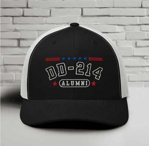 DD - 214 Alumni Snapback Trucker Cap - Black Embroidery, Celebrate Your Military Journey! - SKULLFURY MERCH