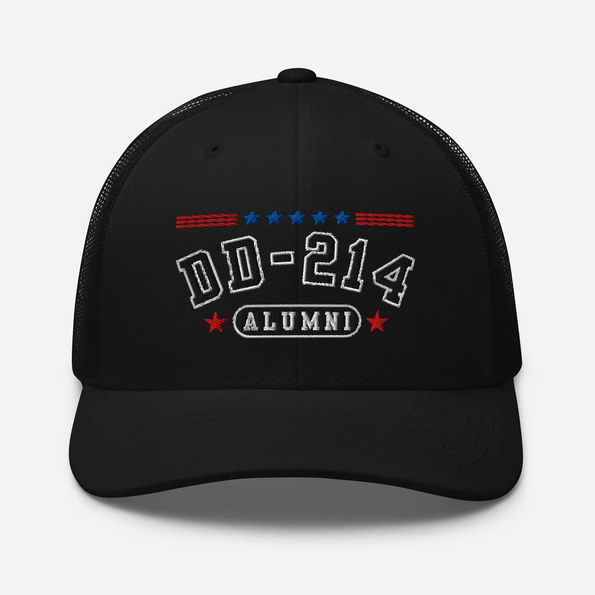DD - 214 Alumni Snapback Trucker Cap - Black Embroidery, Celebrate Your Military Journey! - SKULLFURY MERCH