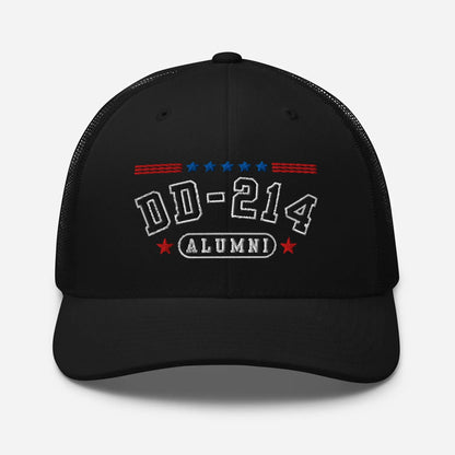 DD - 214 Alumni Snapback Trucker Cap - Black Embroidery, Celebrate Your Military Journey! - SKULLFURY MERCH