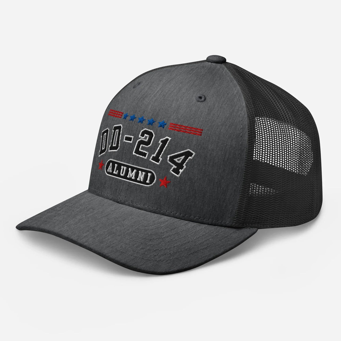 DD - 214 Alumni Snapback Trucker Cap - Black Embroidery, Celebrate Your Military Journey! - SKULLFURY MERCH
