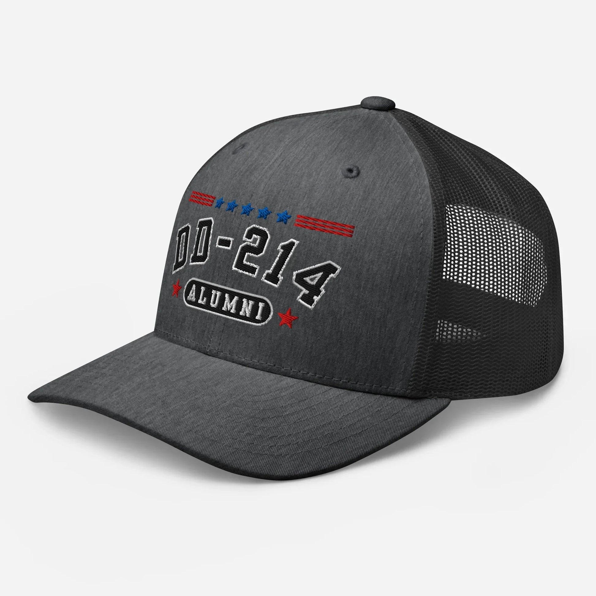 DD - 214 Alumni Snapback Trucker Cap - Black Embroidery, Celebrate Your Military Journey! - SKULLFURY MERCH
