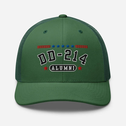 DD - 214 Alumni Snapback Trucker Cap - Black Embroidery, Celebrate Your Military Journey! - SKULLFURY MERCH