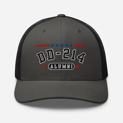 DD - 214 Alumni Snapback Trucker Cap - Black Embroidery, Celebrate Your Military Journey! - SKULLFURY MERCH
