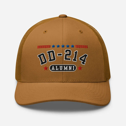 DD - 214 Alumni Snapback Trucker Cap - Black Embroidery, Celebrate Your Military Journey! - SKULLFURY MERCH