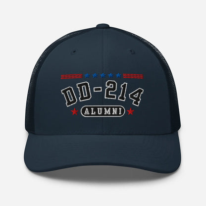 DD - 214 Alumni Snapback Trucker Cap - Black Embroidery, Celebrate Your Military Journey! - SKULLFURY MERCH