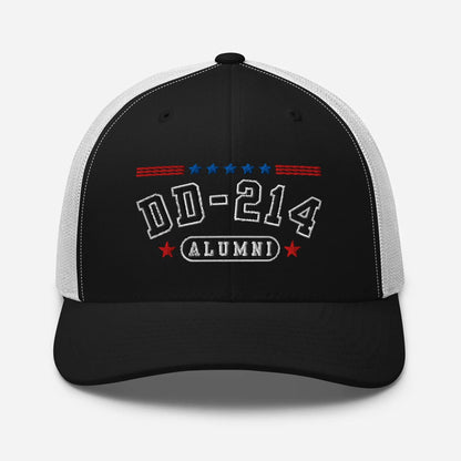 DD - 214 Alumni Snapback Trucker Cap - Black Embroidery, Celebrate Your Military Journey! - SKULLFURY MERCH