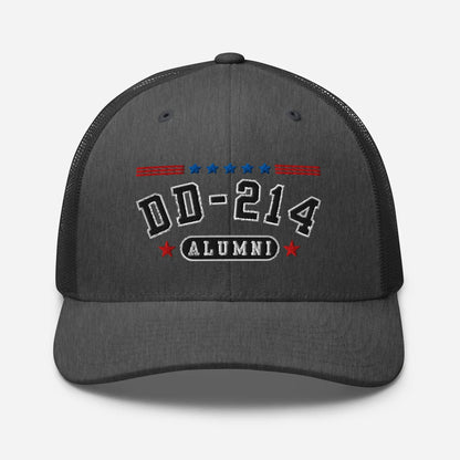 DD - 214 Alumni Snapback Trucker Cap - Black Embroidery, Celebrate Your Military Journey! - SKULLFURY MERCH