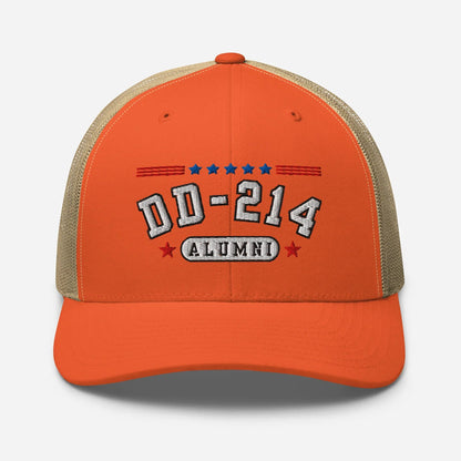 DD - 214 Alumni Snapback Trucker Cap - White Embroidery, Celebrate Your Military Journey! - SKULLFURY MERCH