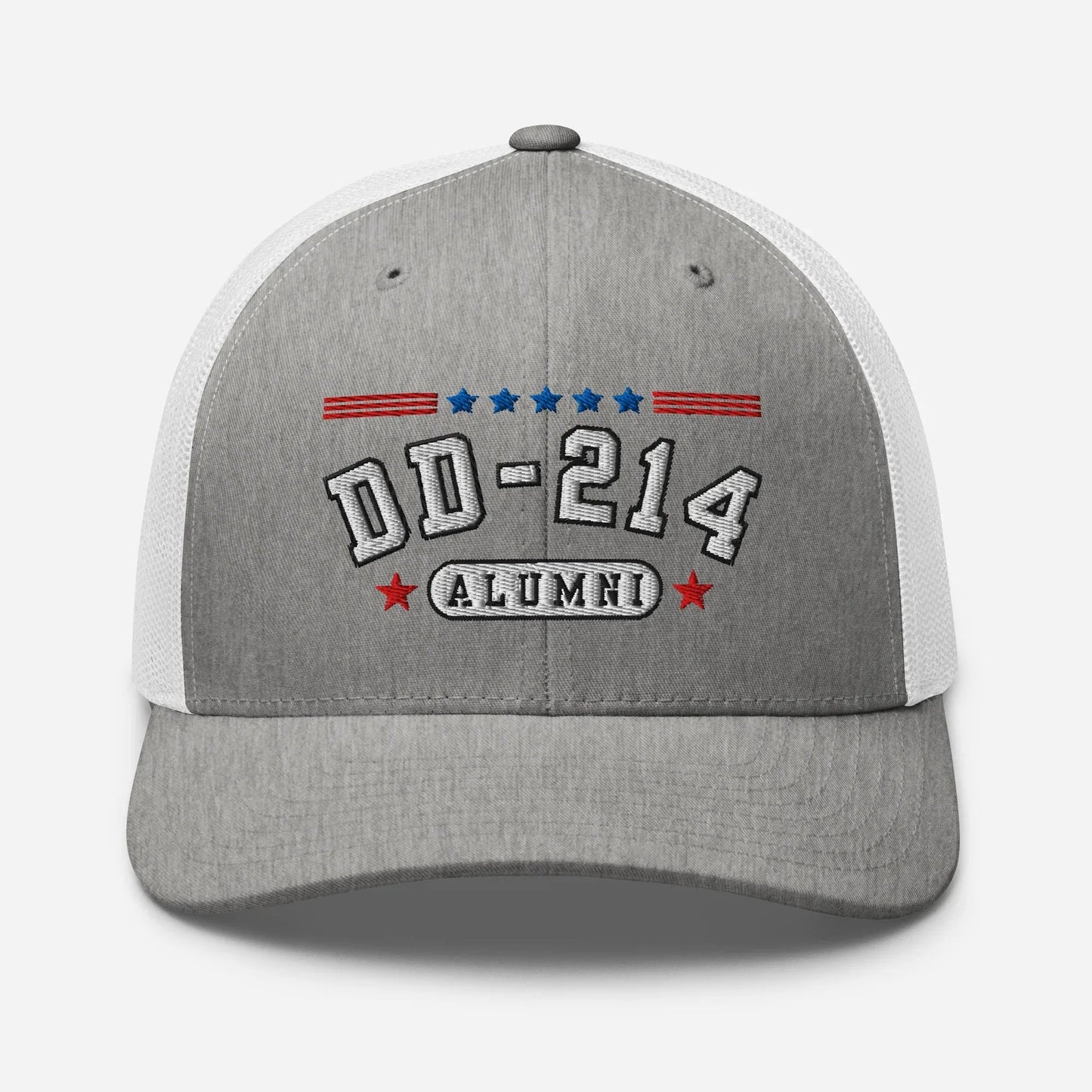 DD - 214 Alumni Snapback Trucker Cap - White Embroidery, Celebrate Your Military Journey! - SKULLFURY MERCH