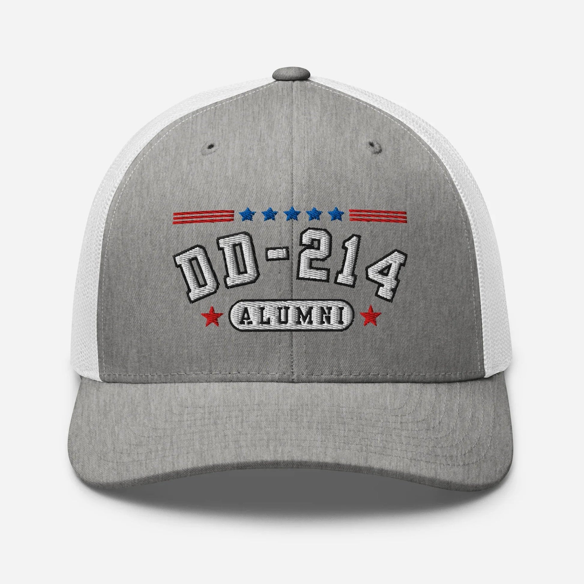 DD - 214 Alumni Snapback Trucker Cap - White Embroidery, Celebrate Your Military Journey! - SKULLFURY MERCH